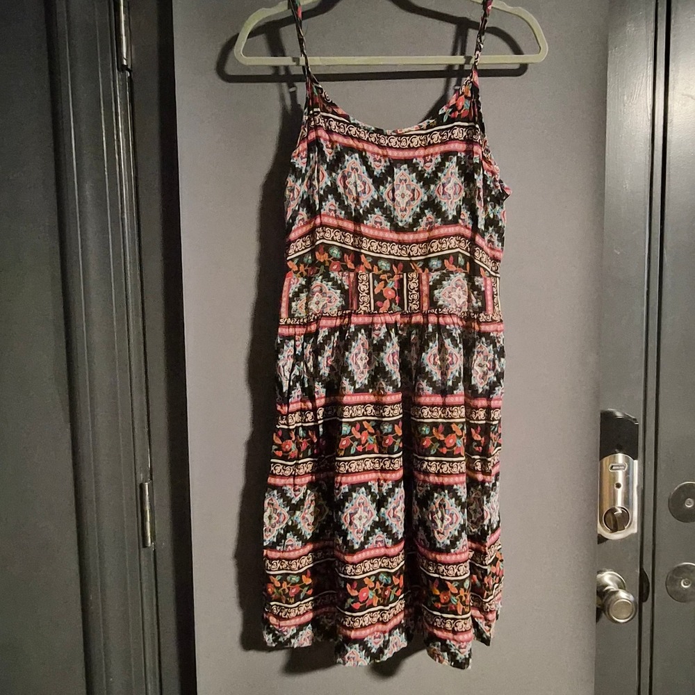 Ultra Pink Womens Boho Geometric Floral Sun Dress Keyhole Back Rayon Large
